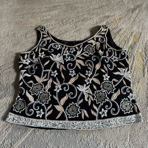 JKARA Black white tan champagne gold Floral Beaded Tank top Party Cocktail 1X